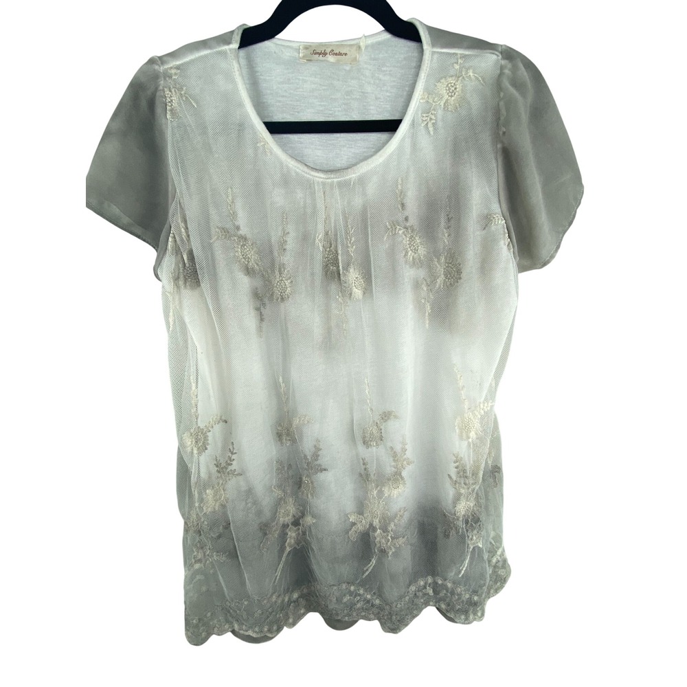 Simply Couture Womens Top White Grey Floral Embroidered Lace Fairy Grunge Boho L